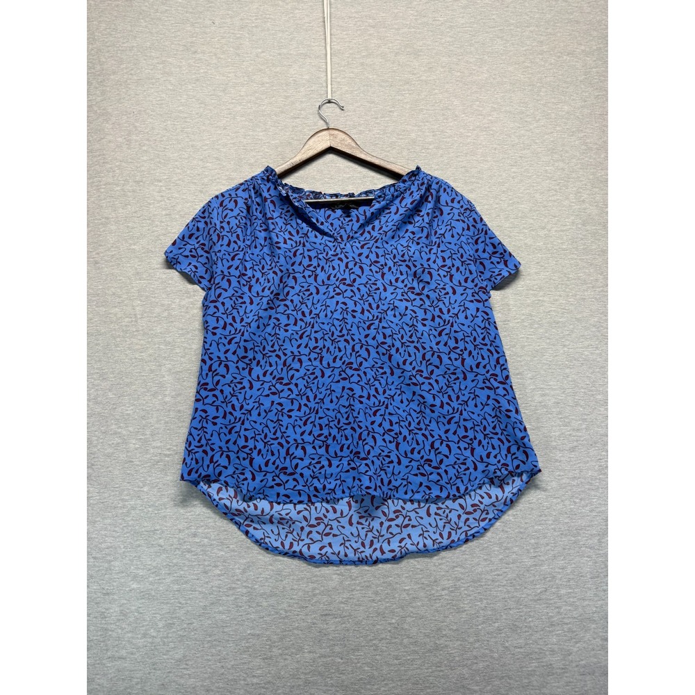41 Hawthorne High Low Hem Blouse Top Women XLP Blue Leaf Print Ruffle Split Neck